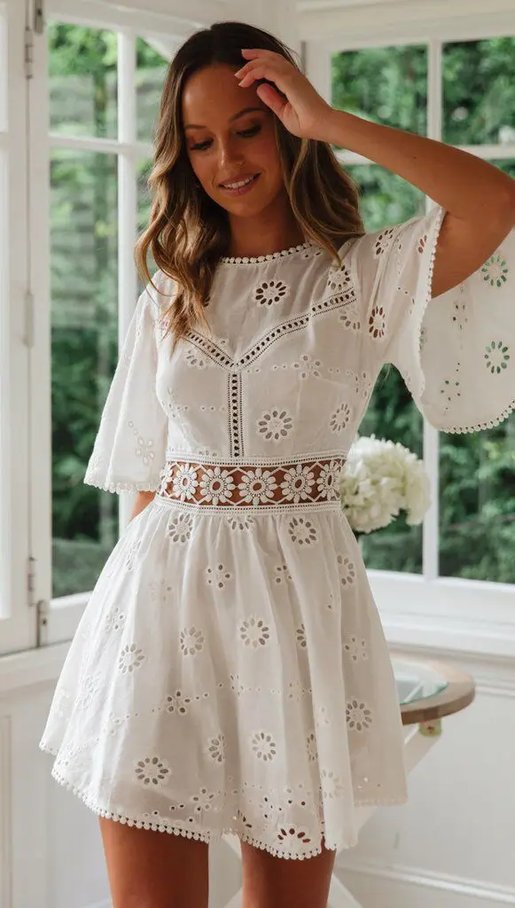 Floral Embroidery Short White Lace Boho Dress Fashion Summer Women White  Dress Casual Backless Mini Dresses