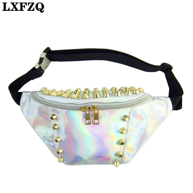 

New Fanny Pack Women Laser Belly Band Motorcycle Chest Bag Leg Bag Sac Banane Rivets Waist Bag Belt Buckle Money Belt Bag Purse