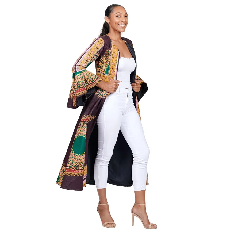 African Kenga Clothing Dress Women Ankara Style Bazin Dashiki Print Zipper Flared Sleeves Round Neck Casual Fashion Africaine