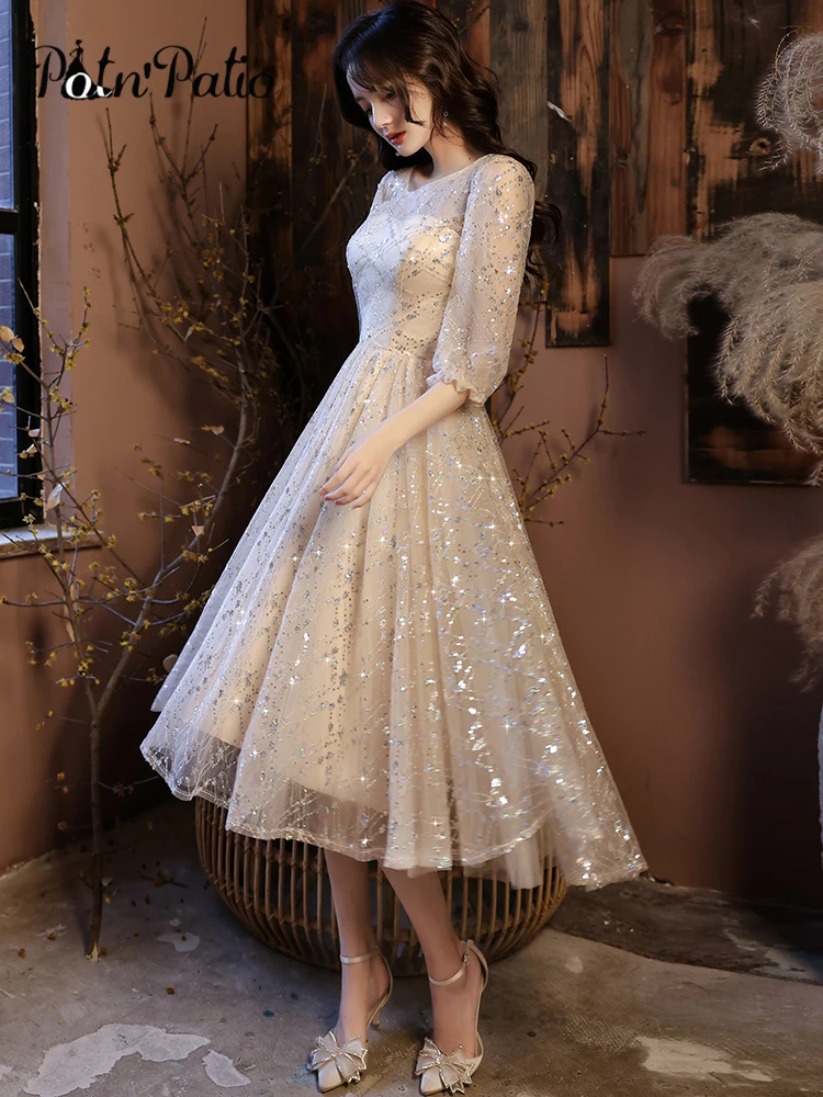 Semi Formal Evening Dresses Short 2021 Elegant O-neck A-line Tea-length Champagne Sequin Tulle Women Dresses For Wedding Party