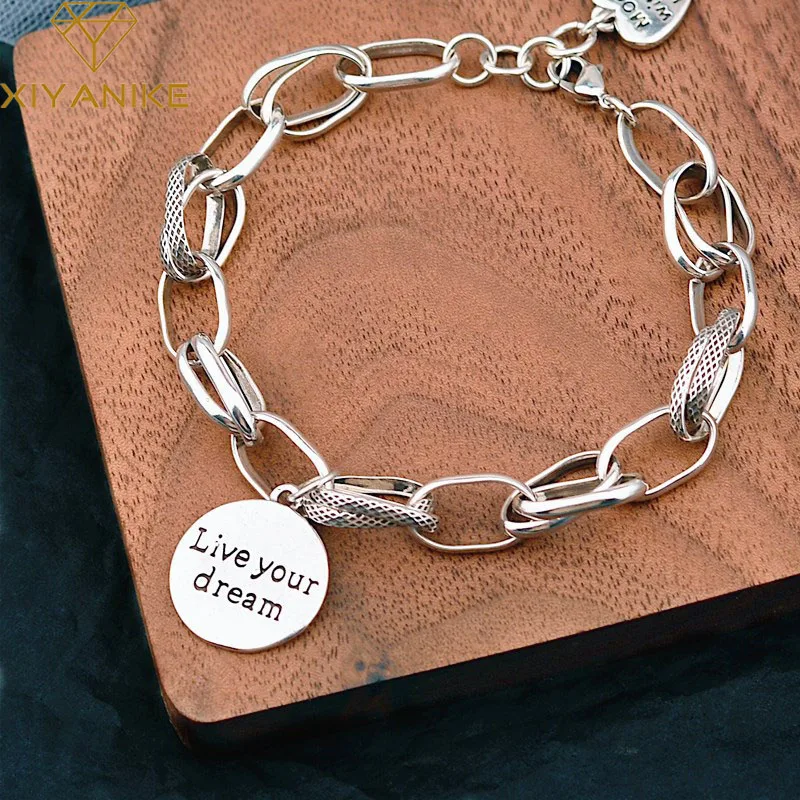 XIYANIKE Silver Plated  Korean Love Pendant Bracelet Retro Thai Silver Thick Chain Round Letter Bracelet Female Jewelry