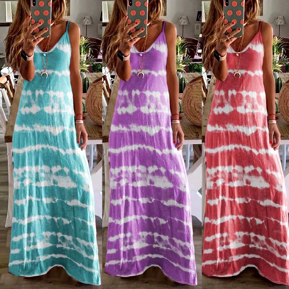 New Arrival M-5XL Plus Size Women Ladies Casual Loose Sleeveless V Neck Tie Dye Print Long Vest Beach Sling Dress Spring Summer