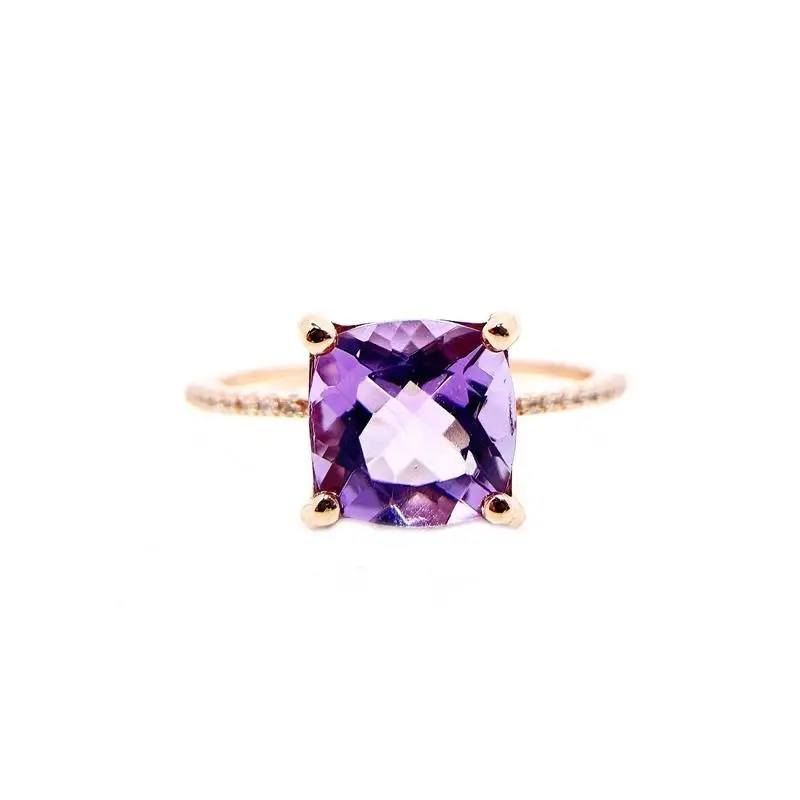 Designer original new silver inlaid natural amethyst square diamond opening adjustable ring temperament ladies jewelry