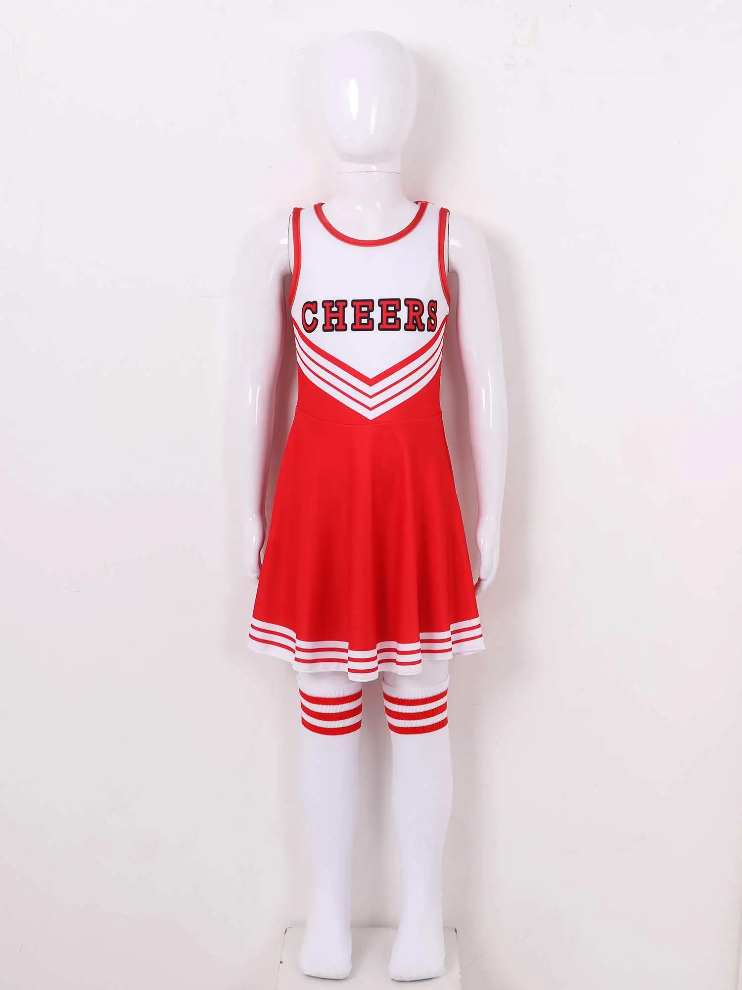 Kids Girls Cheerleader Uniform School Child Cheer Costume Outfit for Carnival Party Halloween Cosplay Dress Flower and Socks