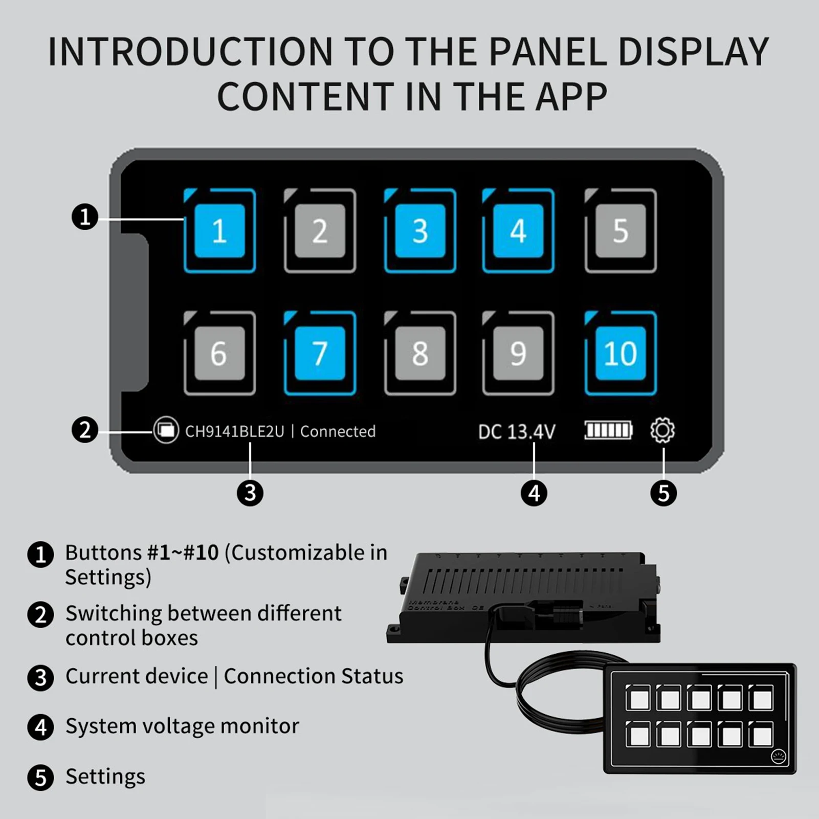 Switch Panel 12V Car Universal 10P Membrane Control Smart Bluetooth APP Control IP67 Waterproof LED Light Display for Car Boat