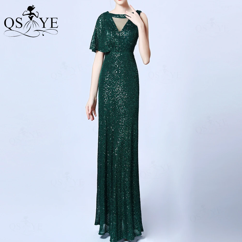 

Emerald Green Evening Dresse Bat Sleeves One Shoulder Sequin A line Long Prom Gown Elegant Scoop Neck Glitter Formal Party Dress