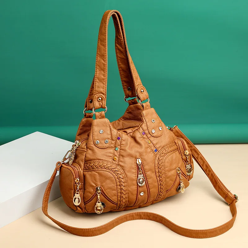 Yogodlns Vintage Weiche PU Leder Schulter Tasche Frauen Große Kapazität Handtasche Mode Umhängetasche Nähte Farbe Griff Tasche sac – Detail 19