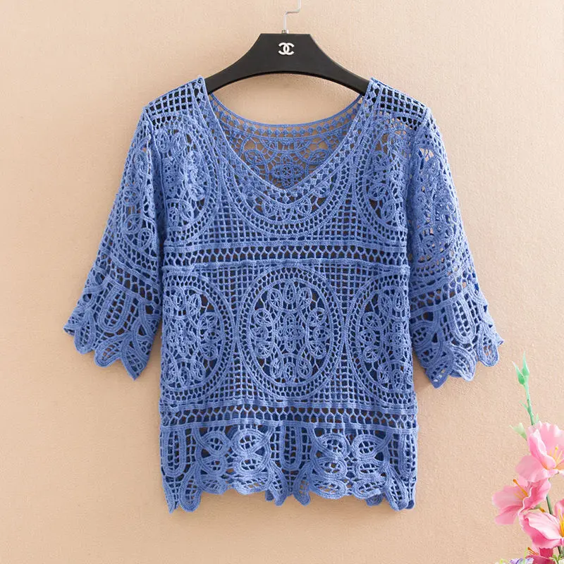 Handmake sweater summer knitted hollow crocheted small shawl blouse women\'s pullover blouse small fresh with suspender dress