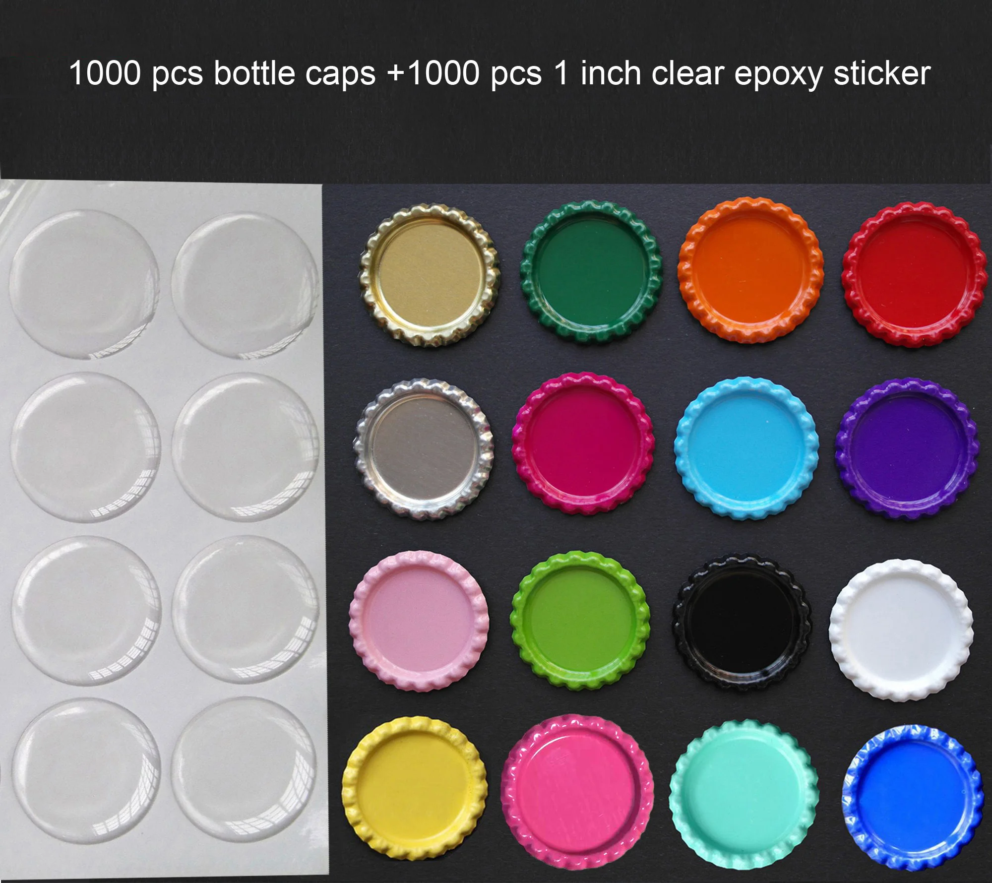 1000 Pcs Double Side Colored Flattened Bottle Caps With 1000 Pcs Clear Epoxy Stickers Bottle Cap Seal Stickers