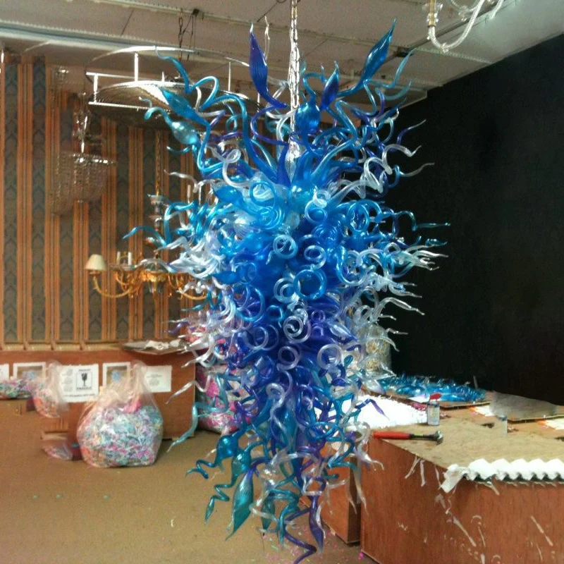 Blue Clear Glass Chandelier Light Home Decor Hand Blown Glass LED Pendant Lamps 120 CM Long