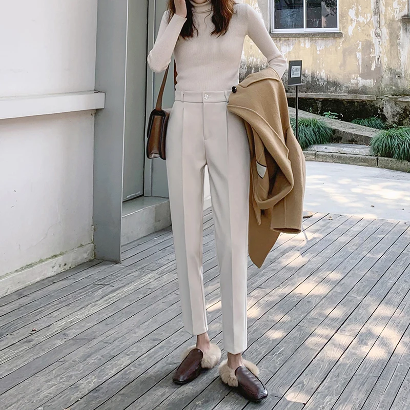 

Korean Casual Solid Straight Women Pants Female Vintage Button Fly Regular Trousers Mujer Kawaii Pockets High Waist Pantalones