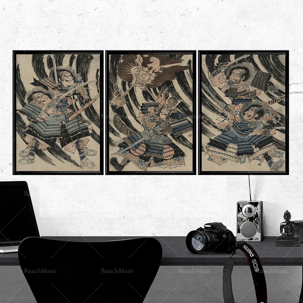 

Fight with the devil prints Fight with the devil 3 sets of vintage posters Japanese samurai triptych samurai art battle scene Uk