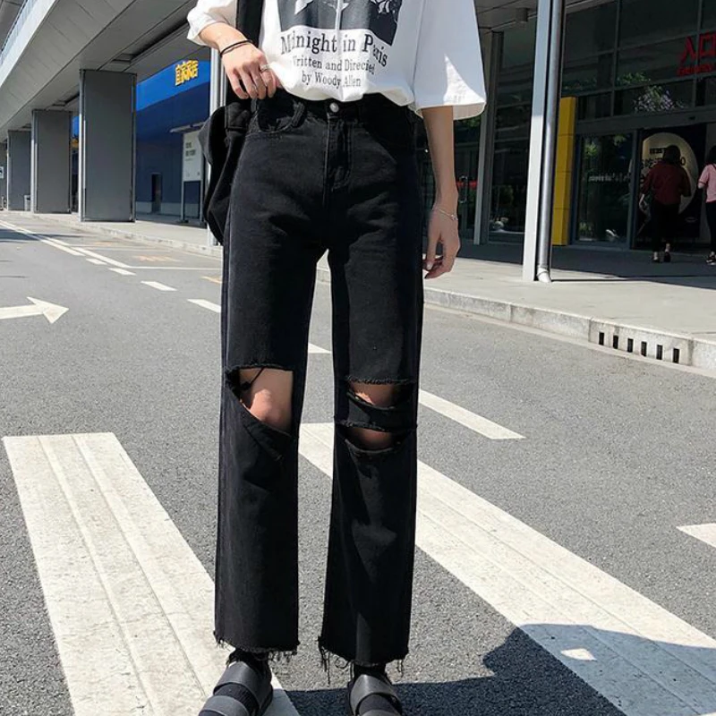 

Jeans Women Holes Black Ripped Vintage Loose Hip-hop Womens Denim Trousers High Street Kpop Harajuku Fashion Retro Clothing Jean