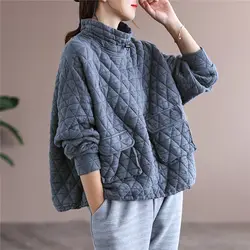 Autumn Winter Clothes Female Leisure Thermal Cotton High-Neck Sweatshirt Women Loose Hedging Rhombic Quilted Jacket Tops M2059