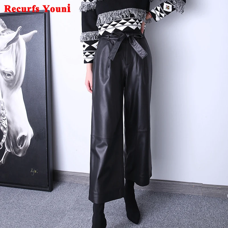 Wide Leg Trousers Women Spring/Winter Genuine Leather Pants Female Harajuku Black High Waist Bow Tie Show Pantalones De Mujer