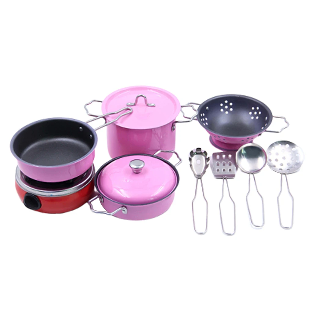 Rosa 11 stücke Kid Pretend Spielen Edelstahl Kochen Kochgeschirr Küche Spielzeug Set