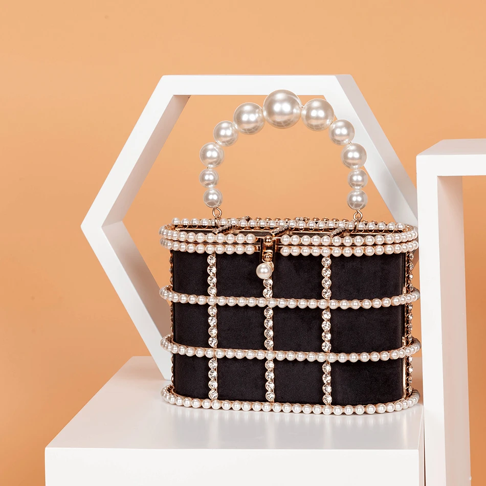 Luxury pearls Rhinestones handbag Women designer elegant Metal Cage Velvet Evening Clutch Purse Chic Hollow Out Shoulder Bags