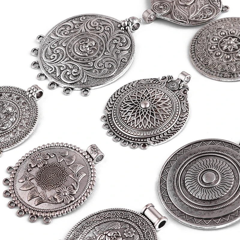 2PCS Tibetan Silver Tribal Large Round Medallion Chandelier Charms Pendants for DIY Boho Vintage Necklace Jewelry Making Finding