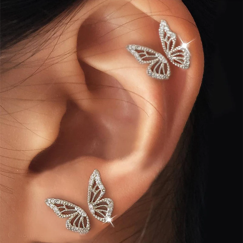 Silver Gold Earrings Fashion Full CZ Zircon Butterfly Stud Earring for Women Woman Ear Rings Girls Wholesale Aretes De Mujer