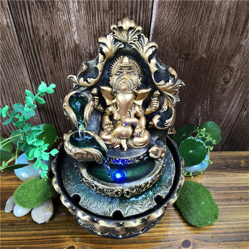 HandMade Hindu Ganesha Statue Indoor Water Fountain Led Waterscape Home Decorations Lucky Feng Shui Ornaments Zen Yoga Decor