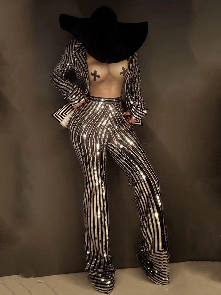 Singer Costume Silver Stripe Coat Jumpsuit Nude Print Punk Nightclub Club Evening Party Show Outfits Stage Clothing