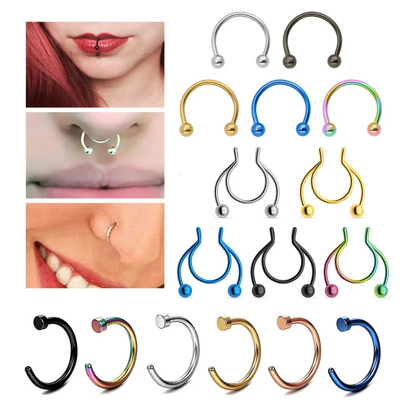 1PC Fake Septum Nose Hoop Rings Stainless Steel Faux Lip Ear Nose Septum Ring Non Piercing Clip On Nose Hoop Rings Body Piercing