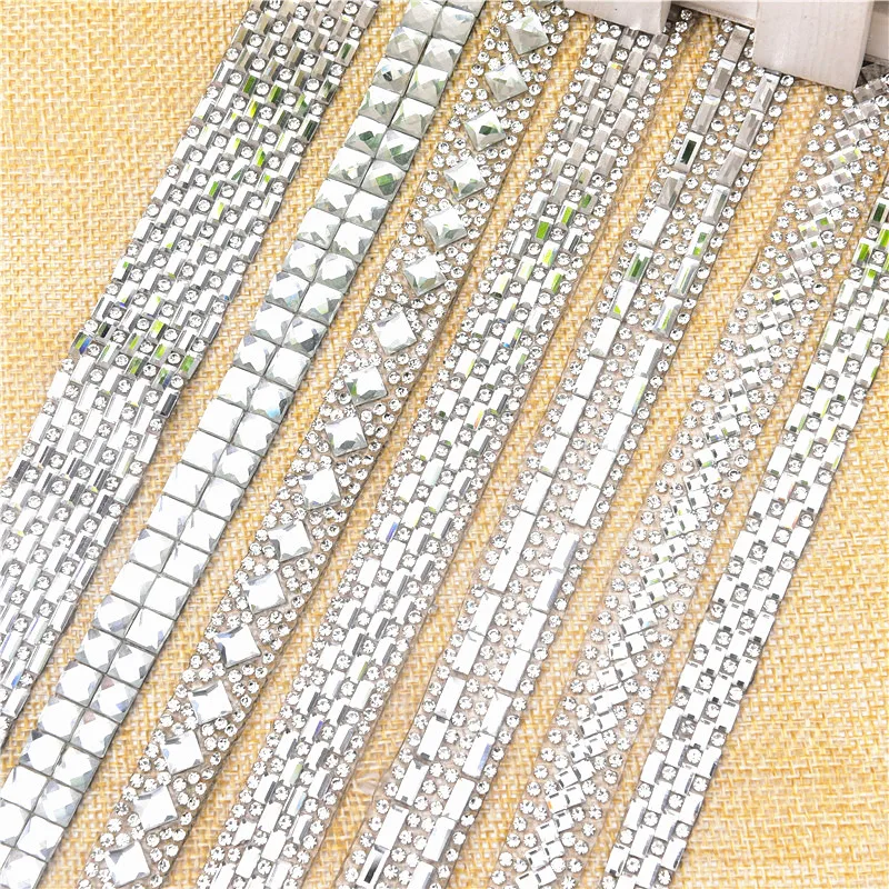 

2 Yards/Lot Crystal Rhinestone Trim Hotfix Ribbon Tape Shiny Rectangle Strass Decorative Shoes Accessories Diy Wedding Cake Band