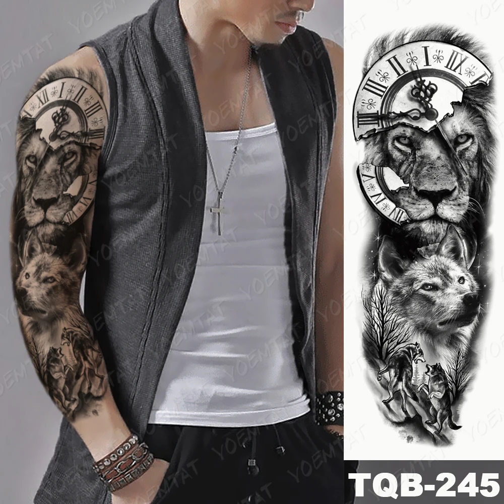 Large Arm Sleeve Tattoo Bird Crow Forest Moon Waterproof Temporary Tatto Sticker Lion Wolf Clock Body Art Full Fake Tatoo Men