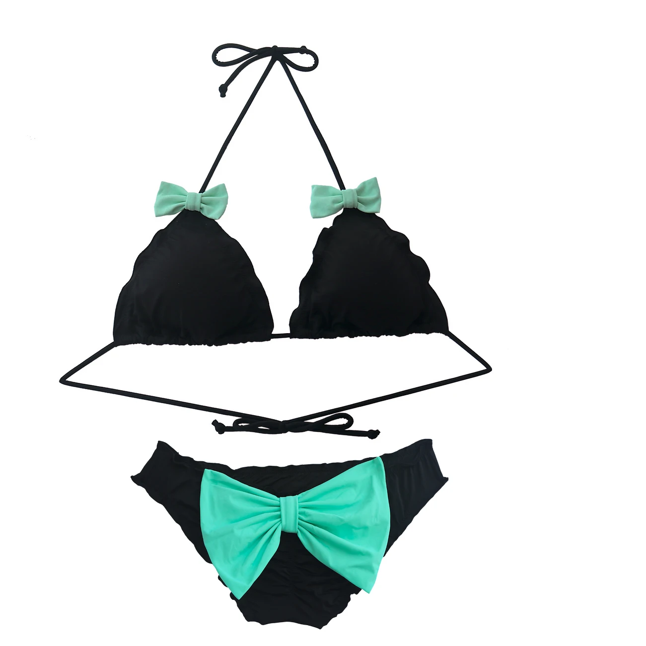 Summer Women Green Bow Triangle Bikini Set Black Secret Swimsuit Biquini Thong Bottom Brazilian Bathing Suit Cheeky Swimwear