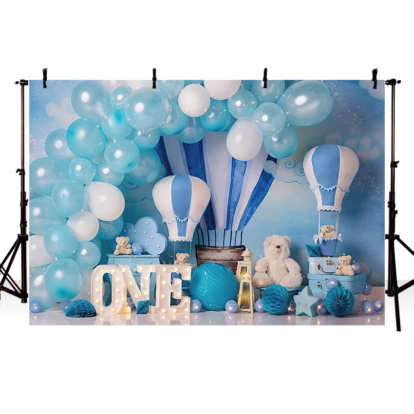 Mehofond การถ่ายภาพพื้นหลังสีฟ้า Hot Air บอลลูนหมี Boy 1st วันเกิดเค้ก Smash ภาพฉากหลัง Photo Studio Props