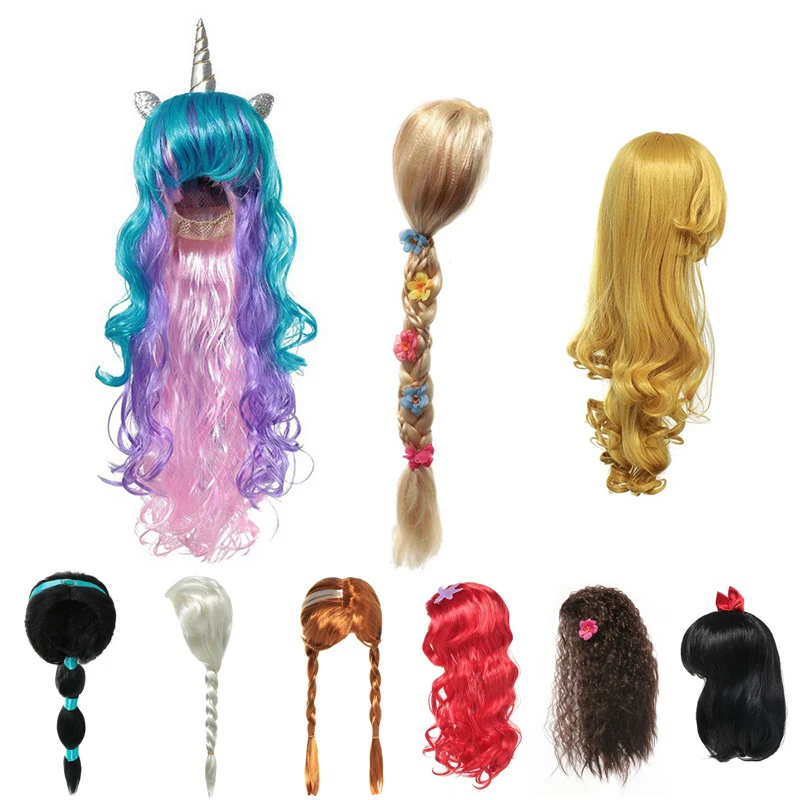 Peluca de pelo largo de unicornio para niña, accesorios de fotografía de princesa para niña, Elsa, Anna, Bella Durmiente, trenza de cabello jazmín Moana