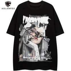 Aolamegs Harajuku Girl Letter Graffiti Printed T-shirt Men O-Neck Cotton Streetwear Couple Casual Fashion Loose Tops Tees Summer