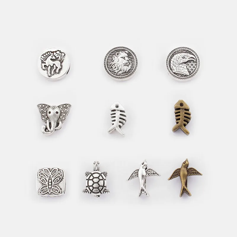 10Pcs Antique Silver Color Animals Bird Fish Slider Beads Spacer For 10x2mm Flat Leather Cord DIY Bracelets Jewelry Accessories