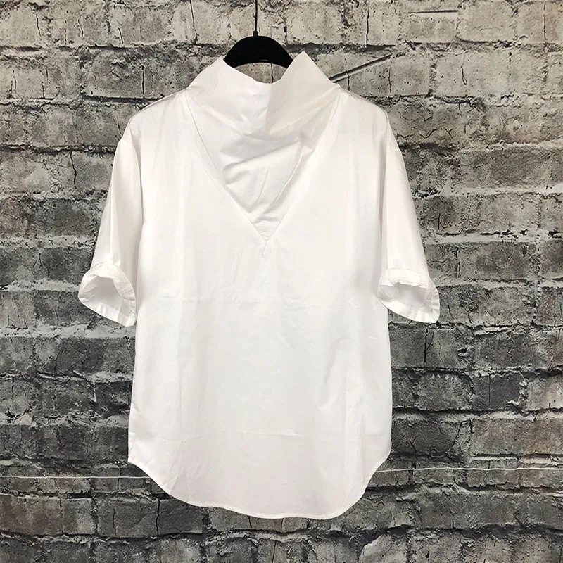 

Original design men's loose personality stand-up collar white shirt Korean version was thin summer breathable short-sleeved tide