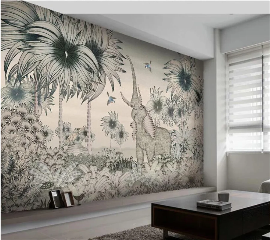 wellyu Custom large mural 3d wallpaper medieval hand painted tropical jungle elephant flying bird background wall paper