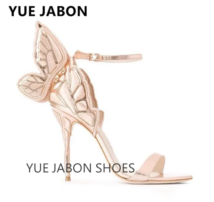 

Сандалии с розой и бабочкой, кожаные металлические вышитые крылья ангела, женские туфли-лодочки на высоком каблуке с открытым носком и пряжкой на ремешке, женские тонкие туфли-лодочки