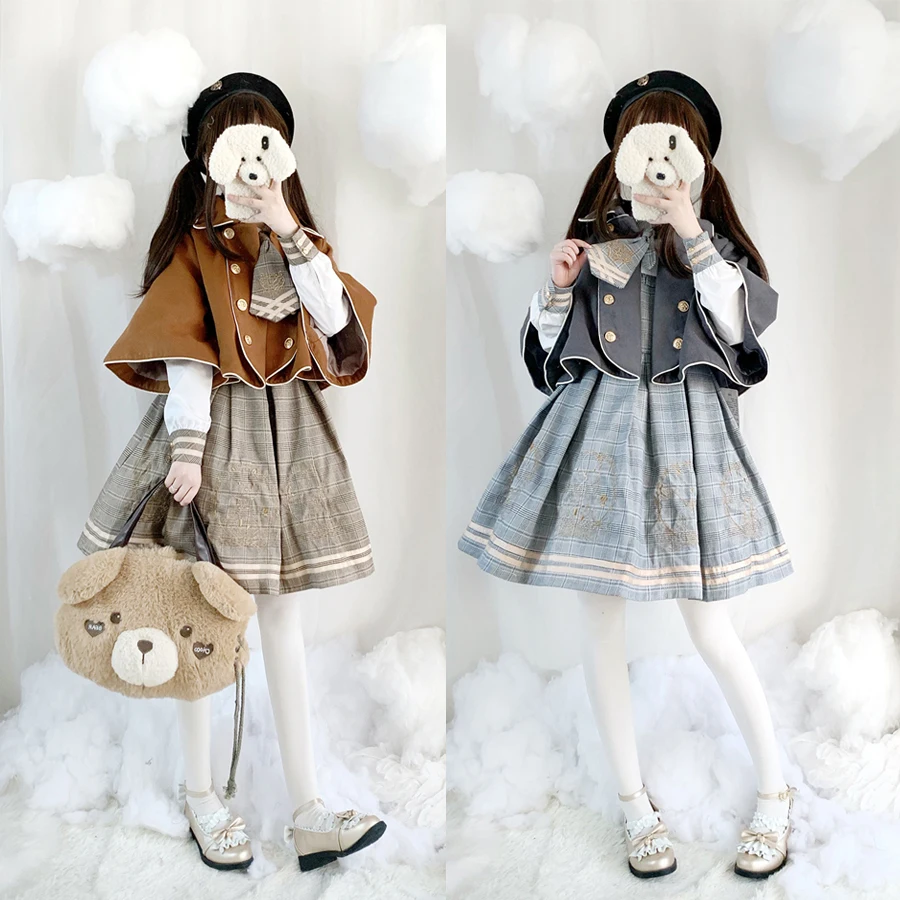 

Autumn Winter Japanese Schoolgirls' Clothing Little Bear Detective Cute Preppy Style Dress Woolen Cape Coat Lolita dress