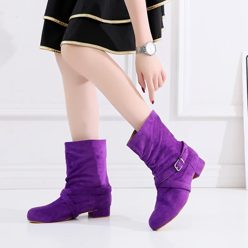 Women purple Flannel High Top Latin Dance boots Girls Soft sole Ballroom Salsa Dance shoes Ladies flat heel dancing shoe