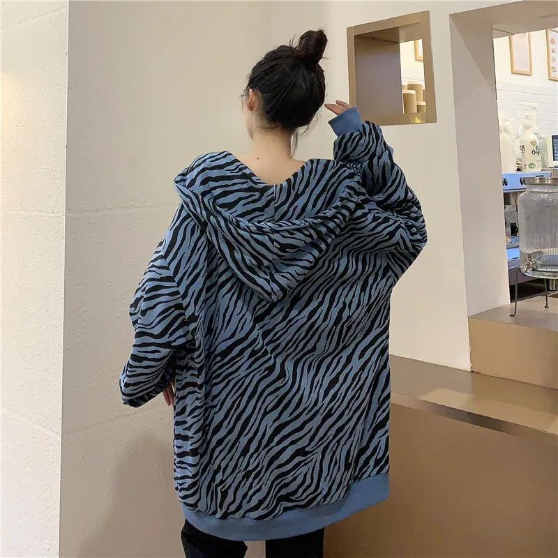 Bluzy damskie Zebra-print Baggy jesień Design Streetwear nastolatki w stylu BF Ins podstawowe neutralne panele Vintage powszechne Femme