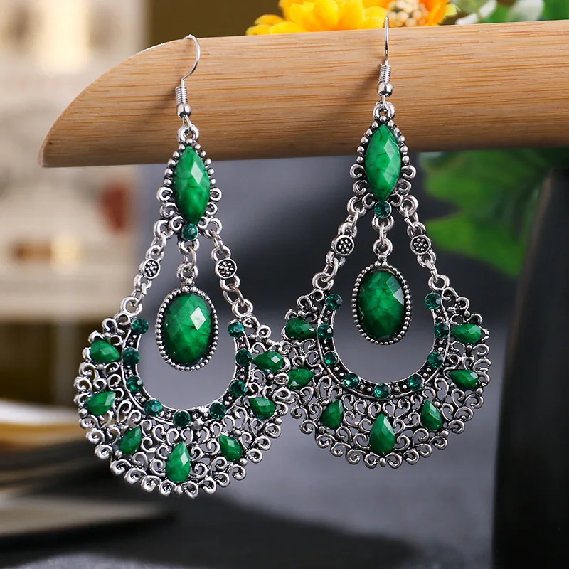 Ethnic Diamond Silver Color Big Sector Alloy Earrings Retro Turkish Boho Vintage Green Indian Jhumka Earrings