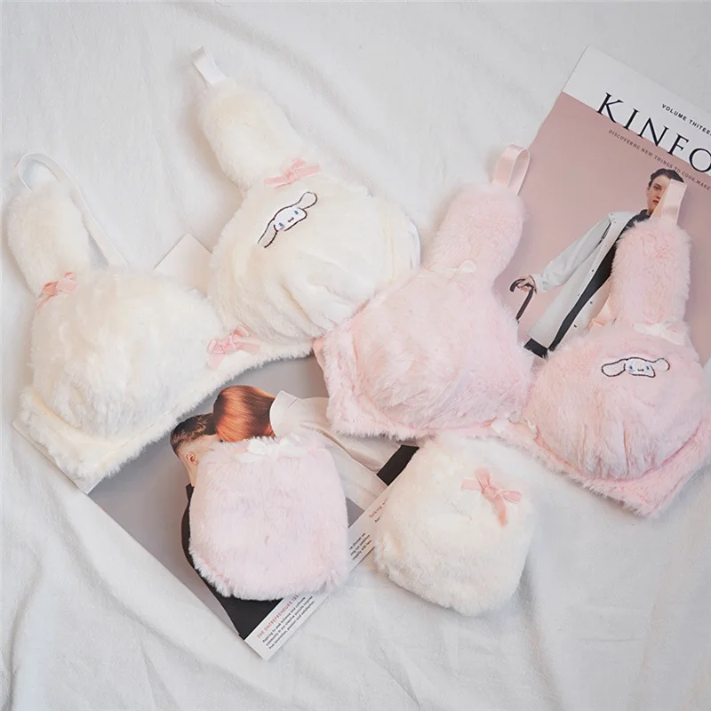 Plush cute bra panty set girl big ears gather thermal cinnamon dog wirefree women comfortable lingerie for home wear