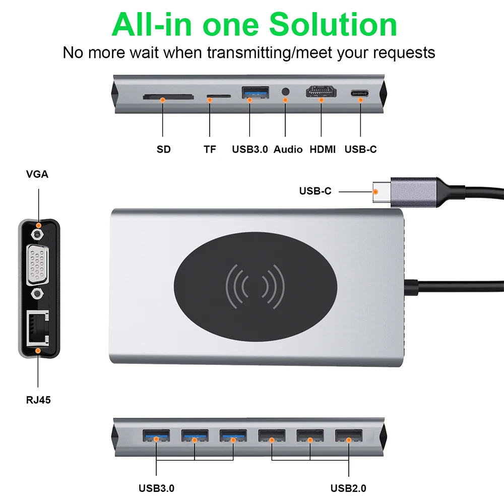 15 in 1 USB C HUB To 4K HDMI USB 3.0 HUB Card Reader Adapter For MacBook Pro USB Splitter Phone Wireless Charger USB HUB 3 0