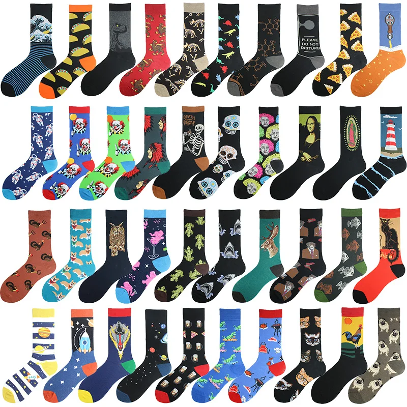 Happy Colorful Funny Socks Men Skateboard Shark Dinosaur Astronaut Planet Divertidos Hip Hop Sokken Harajuku Unisex Crew Socks