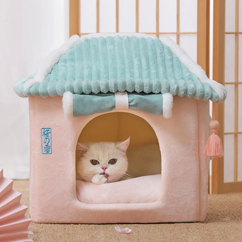 Maison mignonne entièrement fermée pour chats, maison d'hiver chaude pour animaux de compagnie, lit 