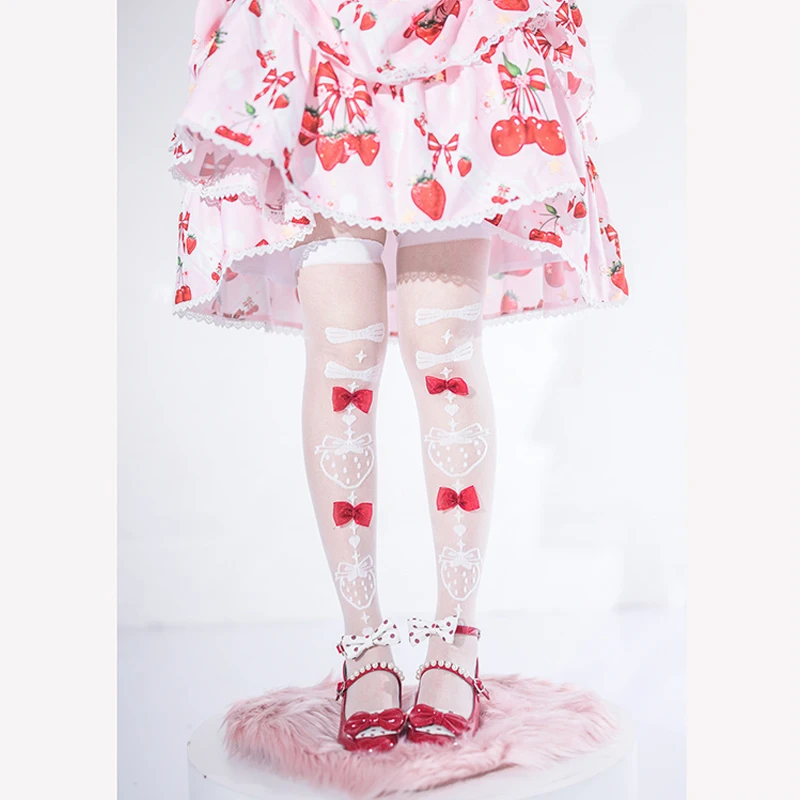 Strawberry Bow Tie Lolita Socks Women's Summer Mid-Calf Spun Glass Ultra-Thin Knee Socks Women's Lolita Japanese Lace Stockings