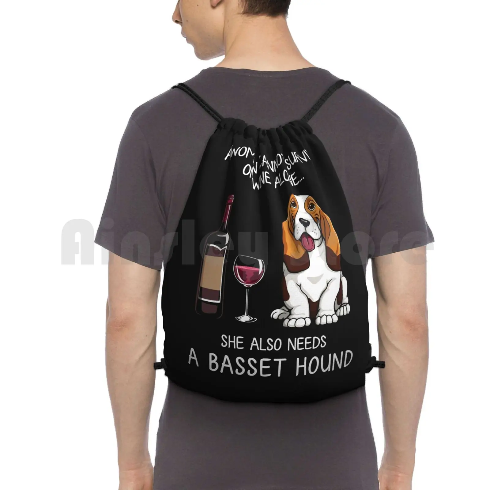 Basset Hound And Wine Funny Dog Backpack Drawstring Bags Gym Bag Waterproof Dog Dog Mom Funny Dog Dog And Wine Doggy