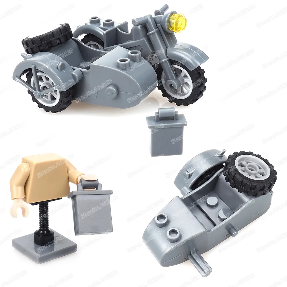 Bloques de construcción de motocicleta militar de tres ruedas, figuras Moc, armas de fuerza de la Segunda Guerra Mundial, modelo de movimiento, regalos de Navidad para niños, juguetes educativos