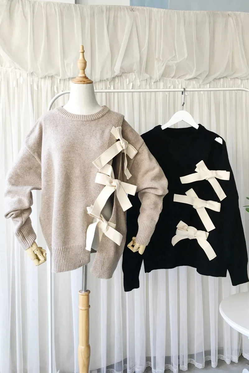 Bow Die Women Cute Knitted Sweater Hollow Out Off Shoulder Fashion Girls Pullover Korean Sweaters