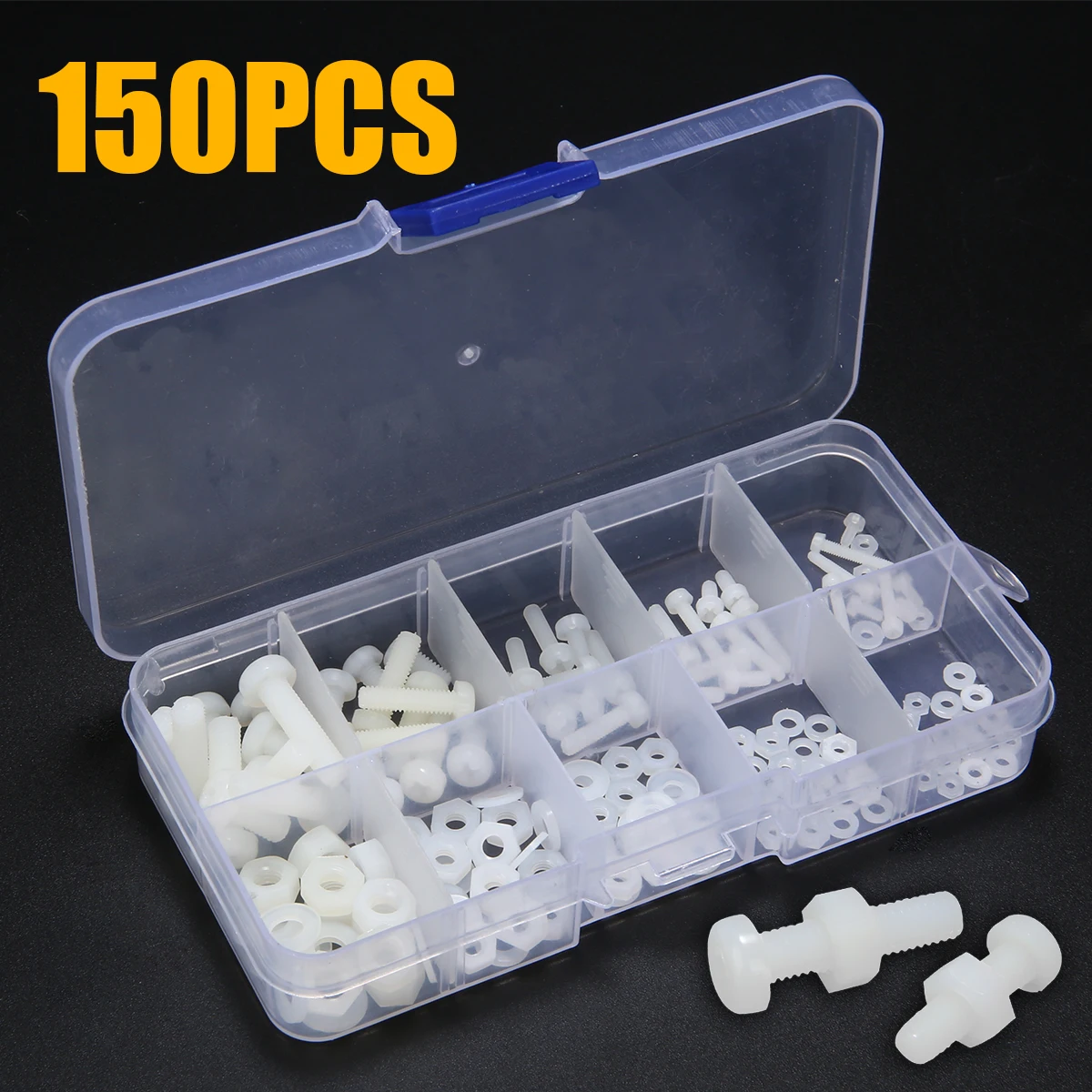 ホワイトナイロン六角ネジ,150個,m2.5,m3,m4,m5,ボルトナット,プラスチックボックス付きスペーサーキットプレート,耐食性