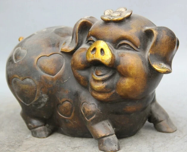 wholesale factory 8" Chinese Bronze Gild Animal Zodiac Year Auspicious Pig flower Statue sculpture 25% off